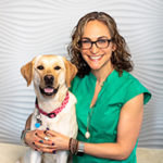 Dr Sue Ettinger with a yellow Lab